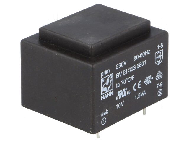 Transformator: ingegoten; 1,5VA; 230VAC; 10V; 150mA; PCB; BVEI Transformator: ingegoten; 1,5VA; 230VAC; 10V; 150mA; PCB; BVEI